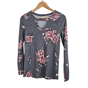 Maurices Gray Floral Waffle Knit Shirt Long Sleeve Floral Print Top Size S EUC